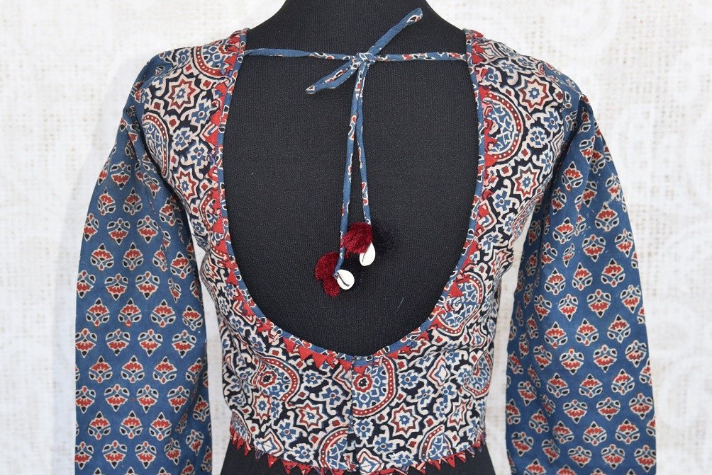 Buy this traditional Indian cotton designer blue ajrak blouse from Pure Elegance online or from our store in USA. Perfect for any engagement or reception party.  Back View.