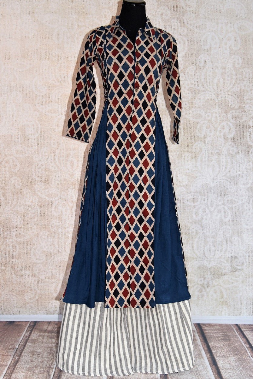 402014, Shop this ethnic Indian blue and red Pure Elegance cotton plazzo set perfect for any birthday, sangeet, reception or wedding online or from our store in Edison near NJ. Front View.