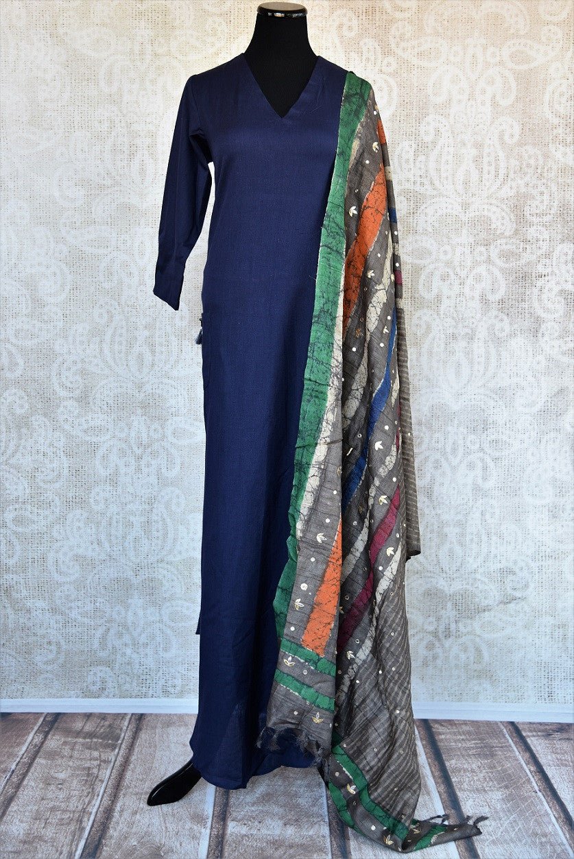 402019, Buy this traditional navy blue silk cotton dress perfect for any wedding, engagement, reception or sangeet online or from our Pure Elegance store in Edison near NJ. Front View.