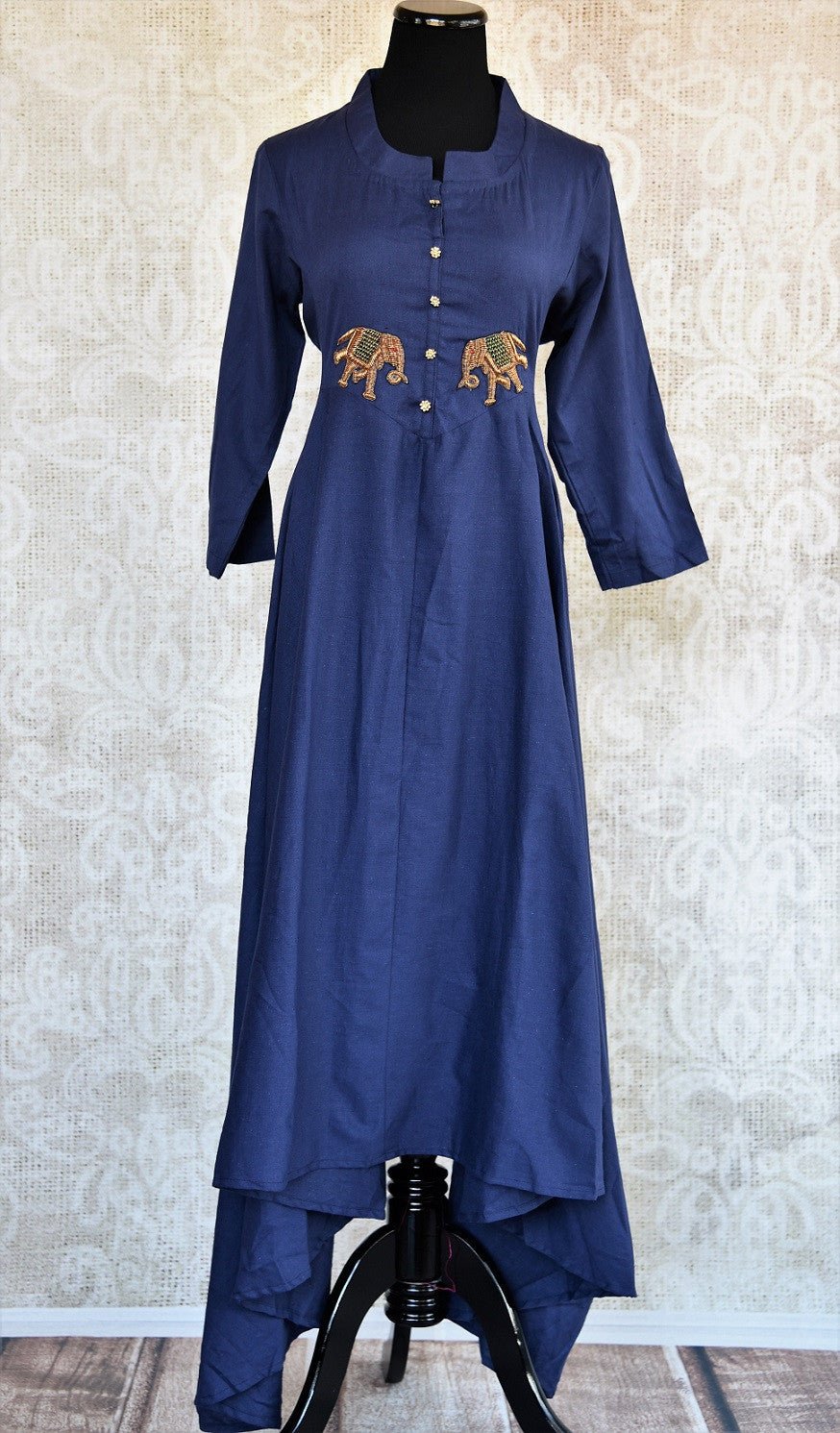 402020, The traditional navy blue silk cotton dress from Pure Elegance is perfect for any reception, engagement, sangeet or puja. Available online or at our store in USA. Front View.