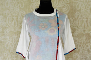 Shop summery white and blue printed cotton kurta set online in USA from Pure Elegance. Update your ethnic wardrobe with Indian designer suits available at our Indian fashion store in USA. -front