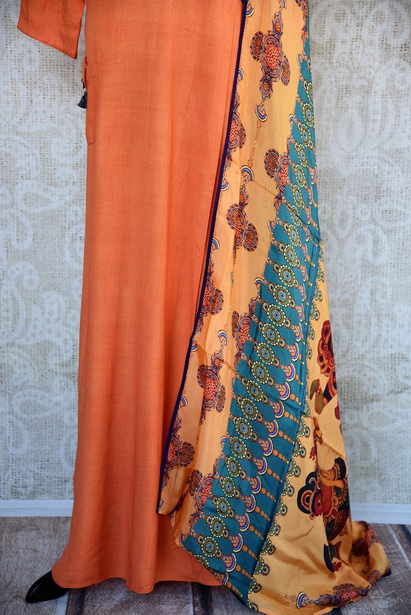 402023, Shop this Indian traditional orange cotton-silk dress from Pure Elegance with printed dupatta online or from our store in USA. Perfect for any wedding, reception or engagement. Close Up.