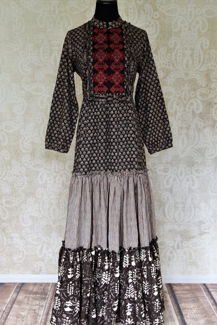 502023 Black Kalamkari Print Tiered Cotton Dress 502023 Black Kalamkari Print Tiered Cotton Dress