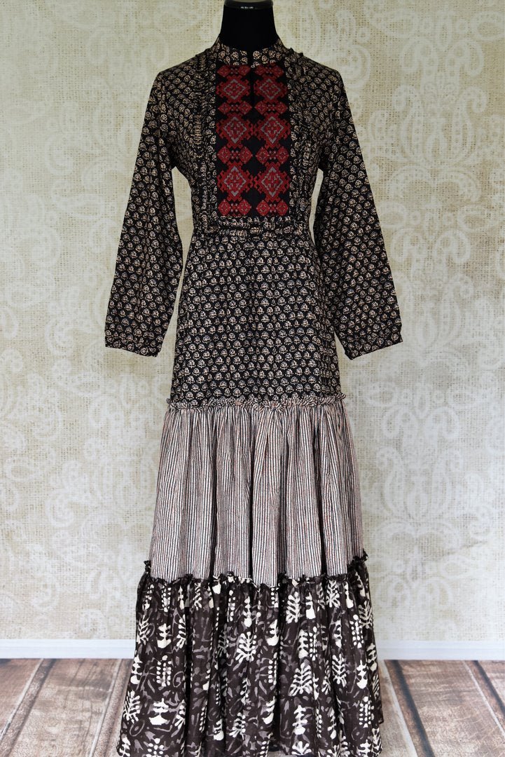 Shop elegant black Kalamkari print tiered cotton dress online in USA from Pure Elegance. Update your wardrobe with fashionable Indian designer clothing available at our Indian fashion store in USA. -full view