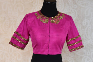 Buy this ethnic Indian round neck embroidered silk designer blouse from Pure Elegance online or from our store in Edison, near NJ. It is perfect for any wedding. Front View.