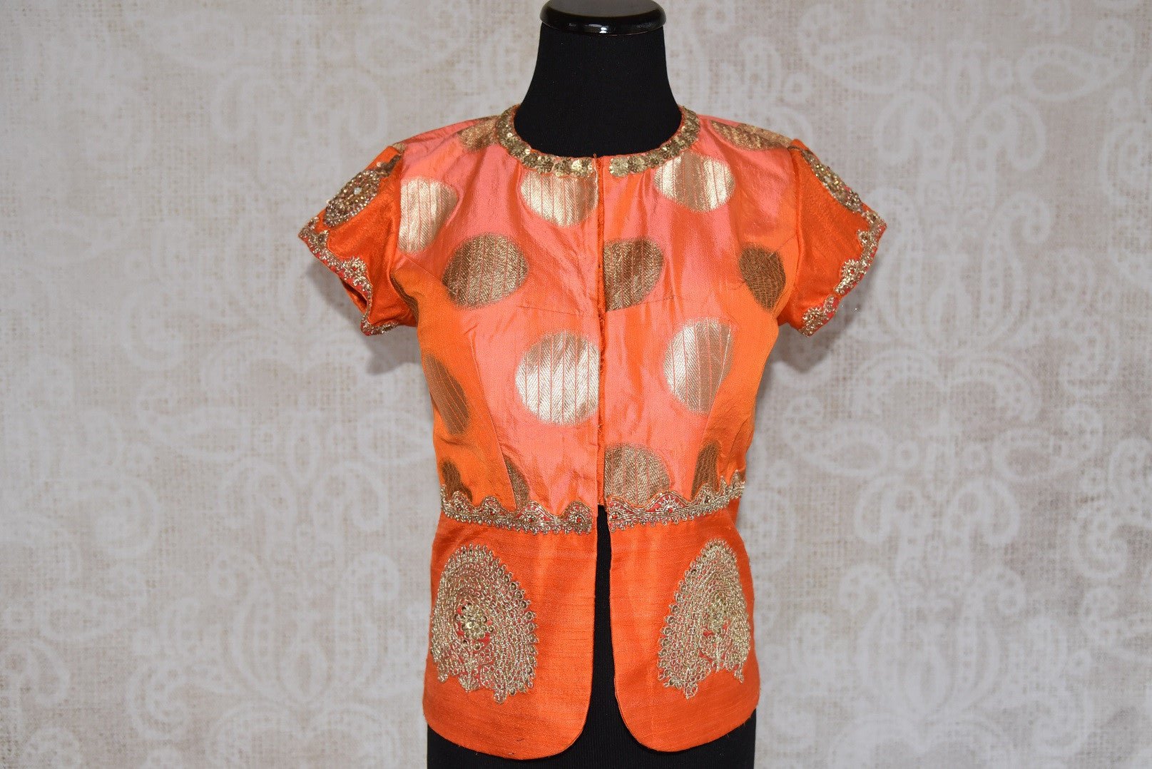 Shop this Indian traditional embroidered silk designer blouse from Pure Elegance perfect for any wedding or reception party online or from our store in Edison. Front View.