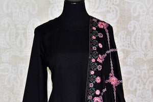 Buy black embroidered linen salwar suit with dupatta online in USA from Pure Elegance. Update your wardrobe with fashionable Indian designer clothing available at our Indian fashion store in USA. -front