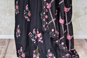 Buy black embroidered linen salwar suit with dupatta online in USA from Pure Elegance. Update your wardrobe with fashionable Indian designer clothing available at our Indian fashion store in USA. -bottom
