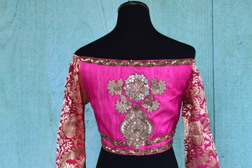 Shop this traditional Indian embroidered silk designer blouse from Pure Elegance online or from our store in USA. It is perfect for any wedding or engagement. Patch Work.