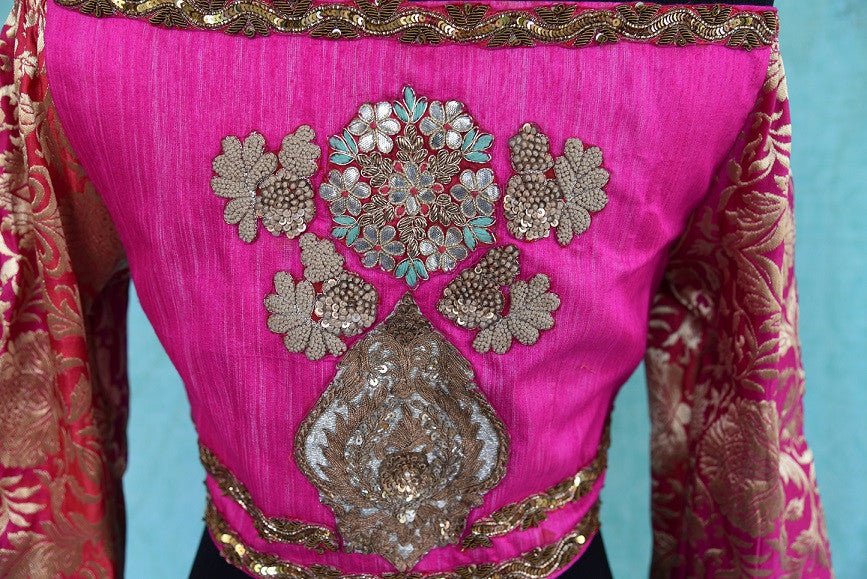 Shop this traditional Indian embroidered silk designer blouse from Pure Elegance online or from our store in USA. It is perfect for any wedding or engagement. Close up.