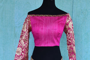 Shop this traditional Indian embroidered silk designer blouse from Pure Elegance online or from our store in USA. It is perfect for any wedding or engagement. Front View.