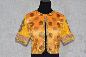 Buy this ethnic Indian embroidered banarasi silk designer blouse from Pure Elegance online or from our store in USA. Perfect for any wedding or reception party. Front View.