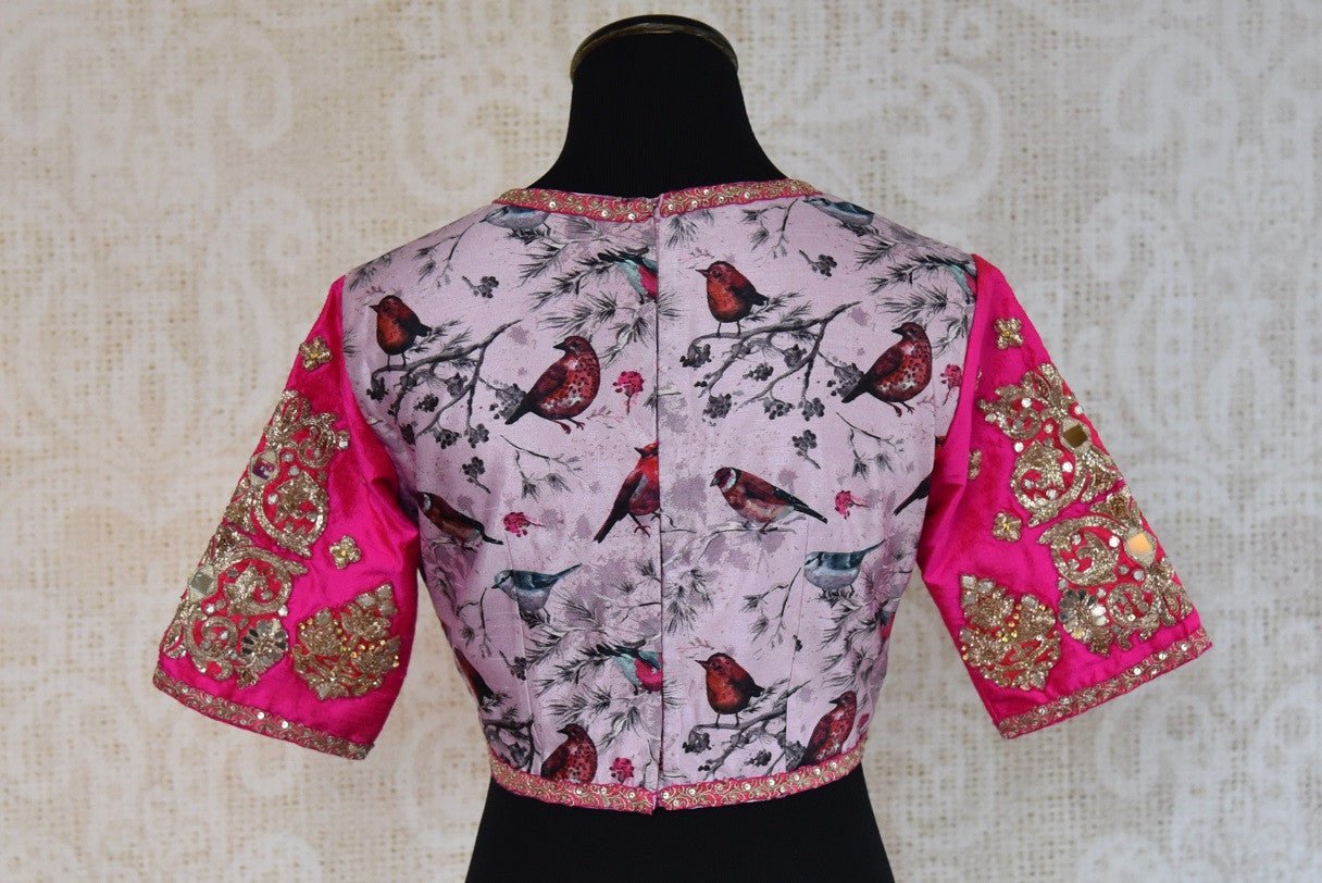 Buy this traditional Indian pink printed embroidered blouse from Pure Elegance online or from our store in USA. It is perfect for any sangeet party or wedding. Back View.