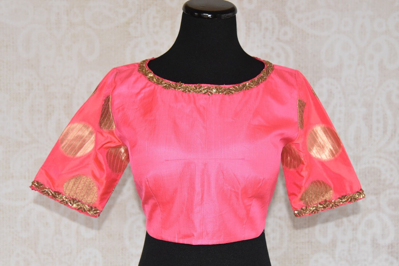 Buy this traditional silk designer blouse with embroidery and back cut out online or from our Pure Elegance store in Edison. Perfect for any wedding or reception. Front View.
