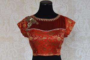 Shop this traditional Indian red crop top embroidered banarasi silk blouse perfect for any sangeet or engagement online or from our Pure Elegance store in USA. Front View.