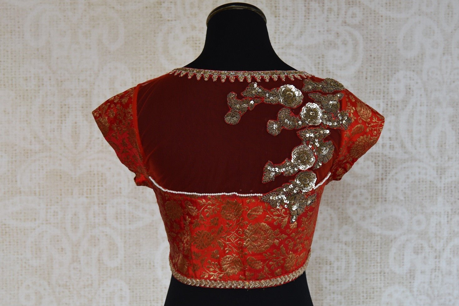 Shop this traditional Indian red crop top embroidered banarasi silk blouse perfect for any sangeet or engagement online or from our Pure Elegance store in USA. Back View.