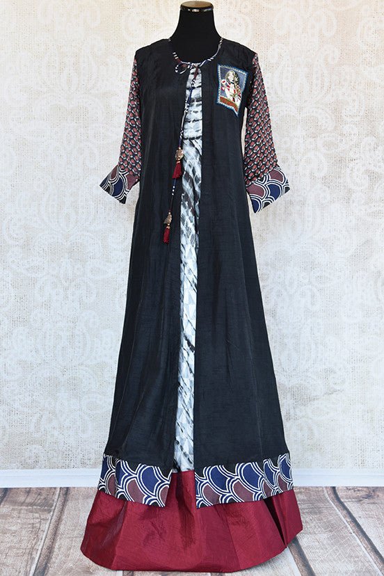 Designer Cotton silk tie dye long sleeve Indian dress with layered  black jacket. This dress is smart for casual evening gathering.-Full view