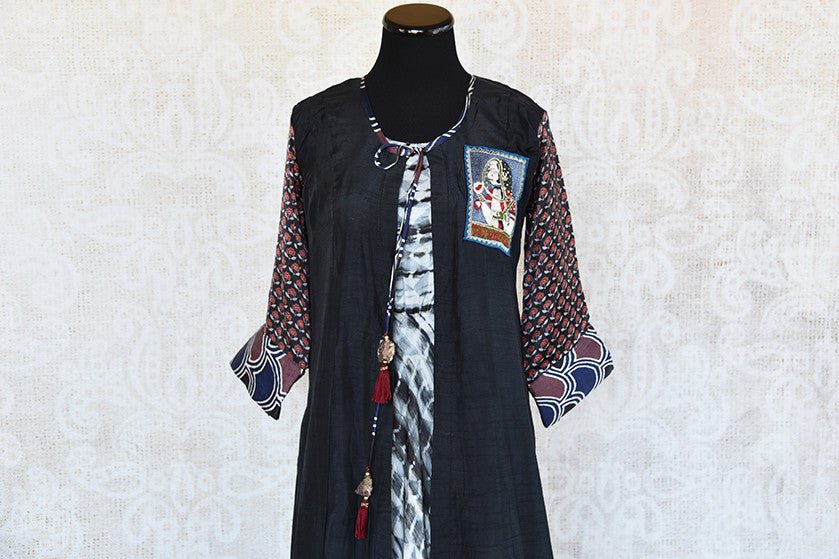 Designer Cotton silk tie dye long sleeve Indian dress with layered  black jacket. This dress is smart for casual evening gathering.-upper details
