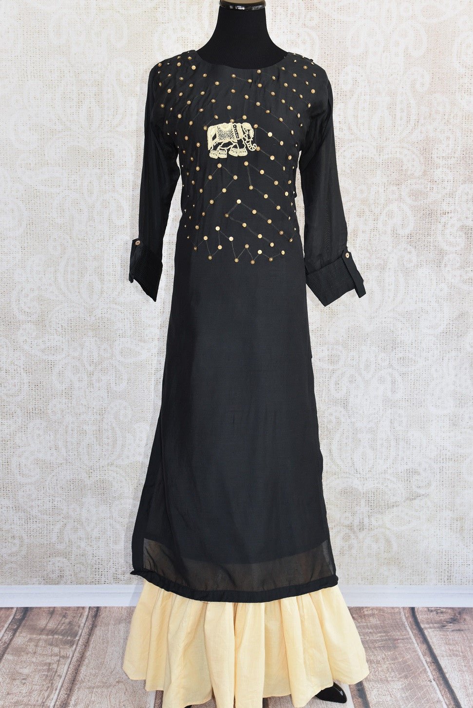 Black cotton silk with thread embroidery layered dress. Nice casual Indian dress perfect in summer.-full view