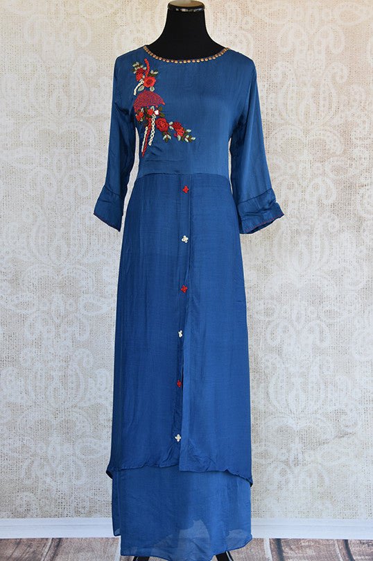 Cotton Silk Layered floor length dress in blue color with beautiful thread floral embroidery on bodice . Grab this Indian Casual wear. -Full view