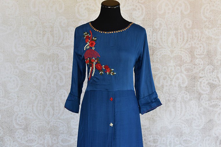 Cotton Silk Layered floor length dress in blue color with beautiful thread floral embroidery on bodice . Grab this Indian Casual wear. -Embroidery details