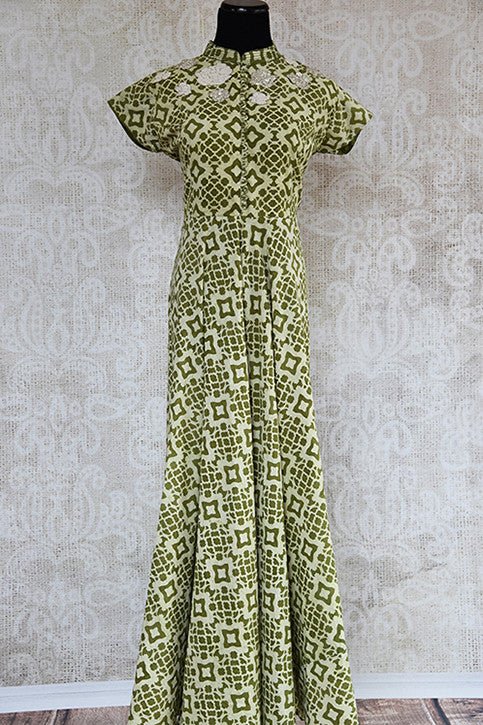 Cotton green with thread-work patch embroidery embellishment long dress. Ideal Indian casual wear.-full view