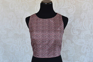 Modern look crop top style silk blouse with lovely geometric pattern. Pair this blouse with saree and Lehenga skirt.-Front view