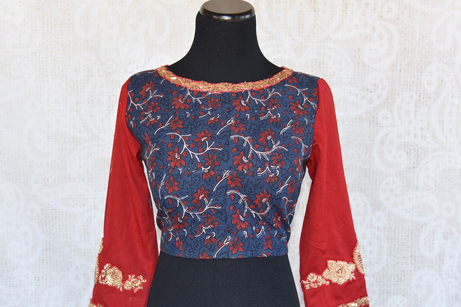 Blue and red full sleeve cotton silk blouse with zari embroidery on sleeve, neck and back.-Front