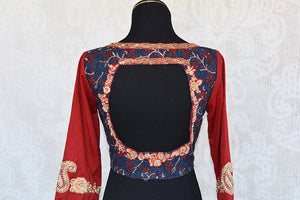 Blue and red full sleeve cotton silk blouse with zari embroidery on sleeve, neck and back.-Back view