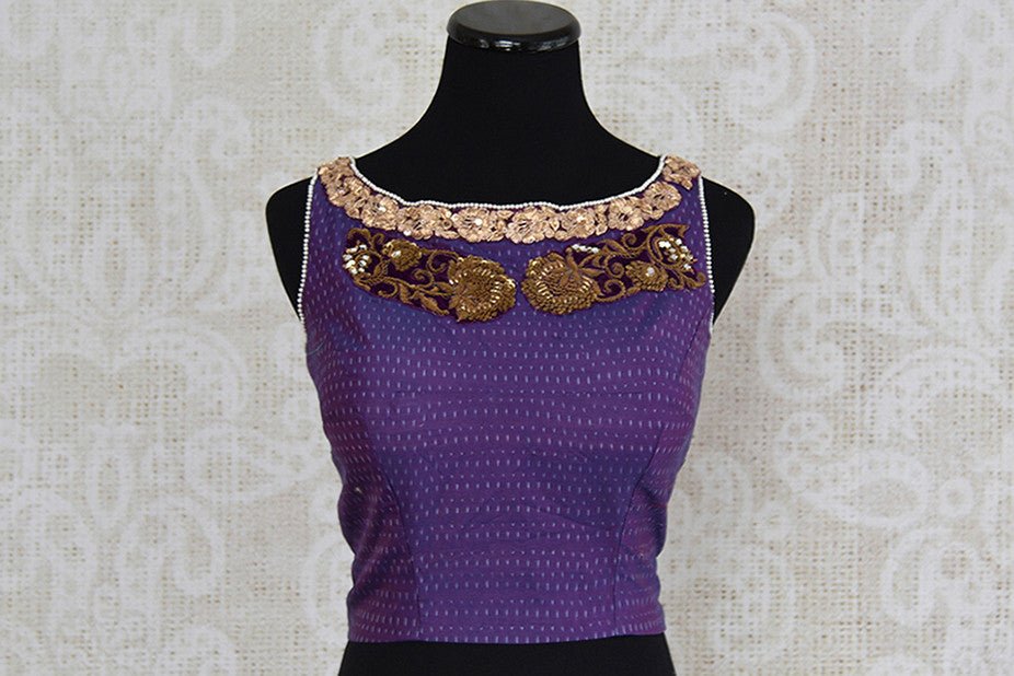 Purple silk ikkat embroidered blouse.  Very stylish crop top style pre stitched blouse with open back.-front
