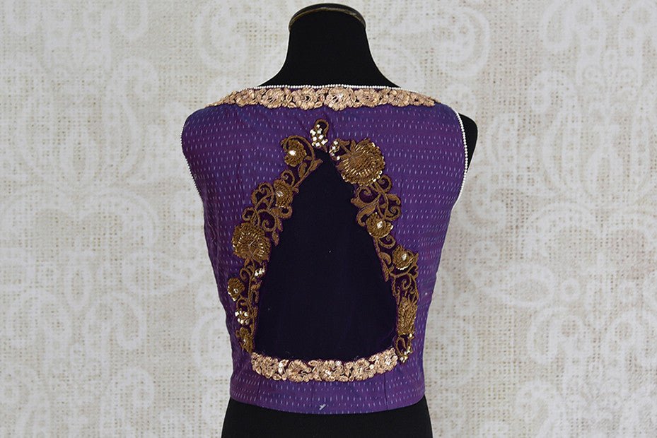 Purple silk ikkat embroidered blouse.  Very stylish crop top style pre stitched blouse with open back.-back