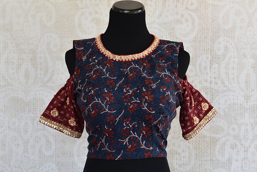 Really stylish designer cold shoulder zari embroidery blouse. Grab this Indian blouse to pair it with saree.-Front view
