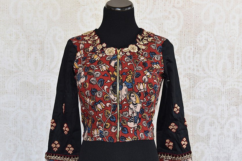 Maroon and black cotton silk kalamkari print zari embroidered designer blouse with long sleeve.-front view