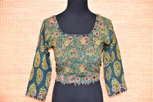 Shop ethnic dark green ajrak print cotton saree blouse online in USA with mirror work. Buy such ethnic saree blouse in USA from Pure Elegance Indian fashion boutique in USA.-front