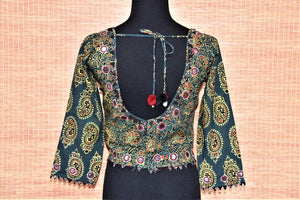 Shop ethnic dark green ajrak print cotton saree blouse online in USA with mirror work. Buy such ethnic saree blouse in USA from Pure Elegance Indian fashion boutique in USA.-back