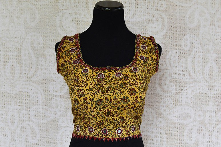 Yellow pre stitched ajrak printed cotton blouse. Perfect to match with cotton saree.-front