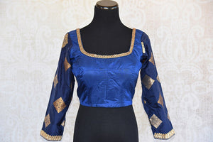 Designer blue banarasi silk blouse with zari embroidery. Pair this long sleeves Indian blouse with saree. -Front