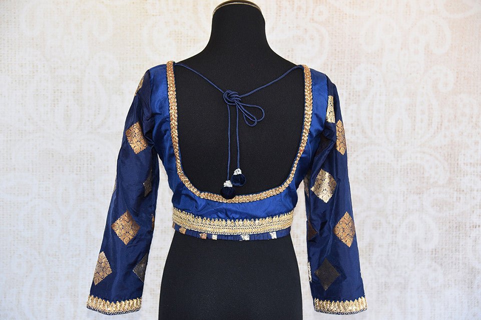 Designer blue banarasi silk blouse with zari embroidery. Pair this long sleeves Indian blouse with saree. -back