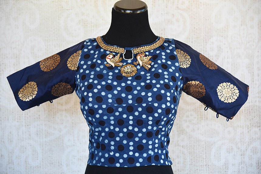 Blue pre stitched banarasi cotton silk blouse with zari embroidery. Unique styled Indian designer blouse.- Front