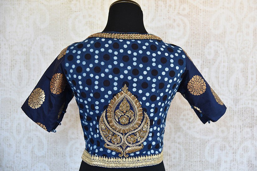 Blue pre stitched banarasi cotton silk blouse with zari embroidery. Unique styled Indian designer blouse.-back