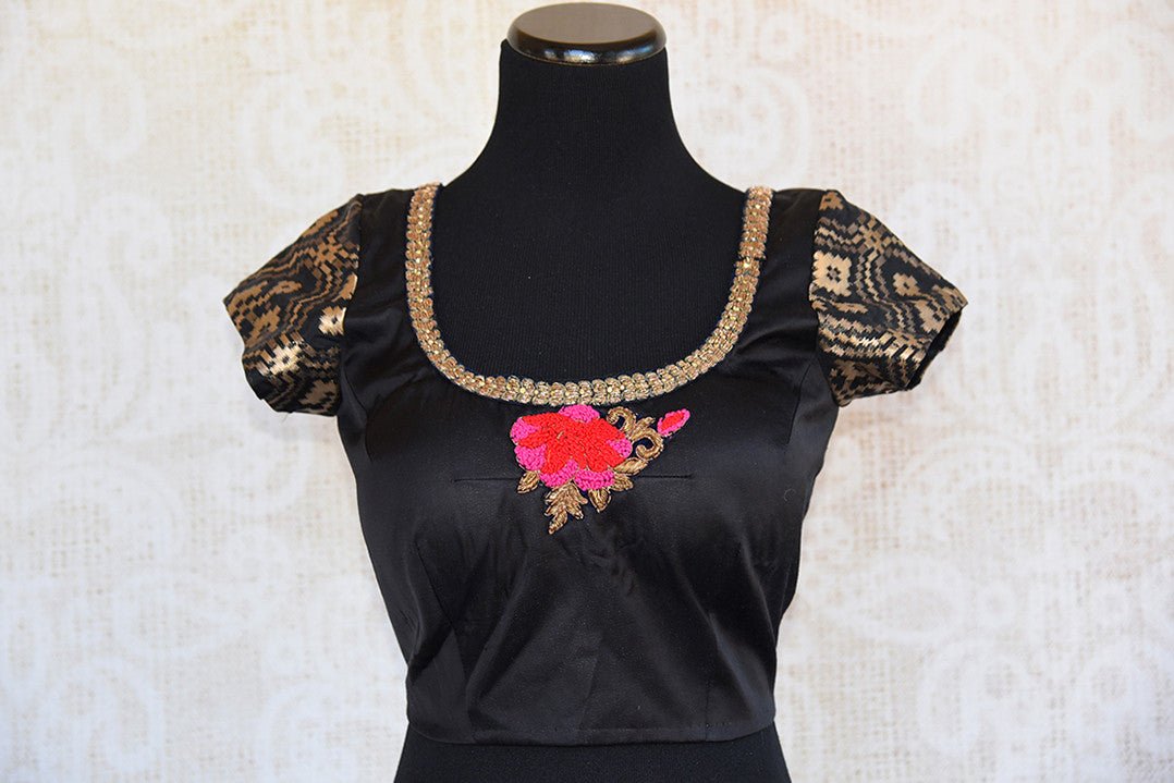Classy black designer silk blouse with thread embroidery in front and back. Ethnic look deep neck blouse.-front
