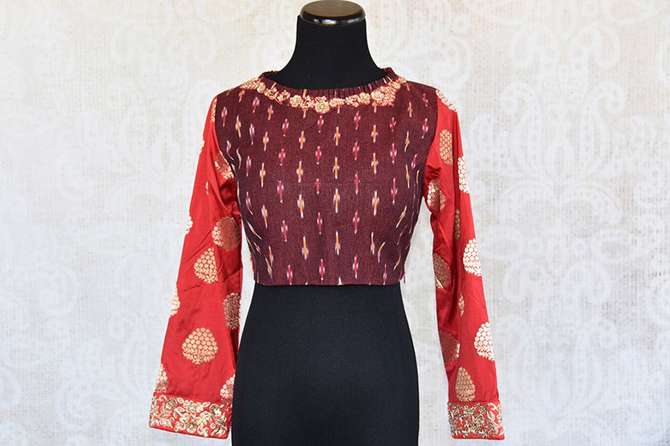 Maroon designer pre stitched embroidered blouse with red banarasi silk sleeve. Pair this with any ethnic saree.-front
