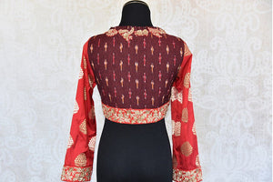 Maroon designer pre stitched embroidered blouse with red banarasi silk sleeve. Pair this with any ethnic saree.-back