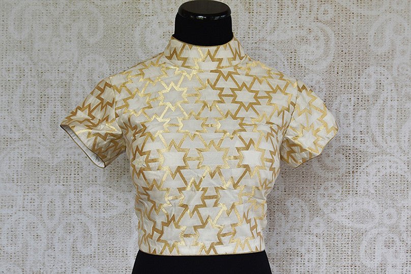 White and gold banarasi silk blouse. Pair this modern blouse with any lahenga, saree.-full view