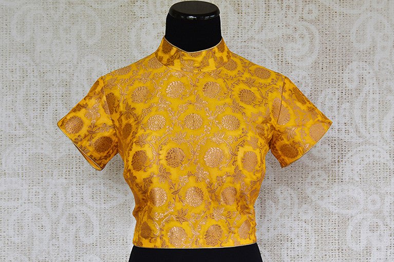 Yellow and gold designer pre stitched blouse. Pair this modern blouse with any lahenga, saree.-Front