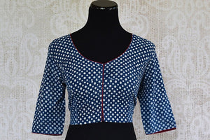 Blue printed pre stitched cotton embroidered blouse. Pair this blouse with linen or matka saree-Front