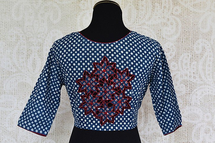 Blue printed pre stitched cotton embroidered blouse. Pair this blouse with linen or matka saree-Back