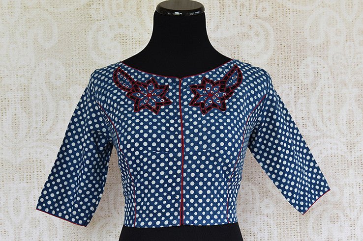 Printed pre stitched cotton applique work blouse. This will go with any matka silk or linen saree.-front
