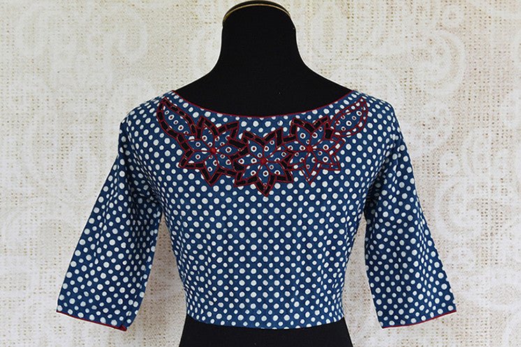 Printed pre stitched cotton applique work blouse. This will go with any matka silk or linen saree.-back
