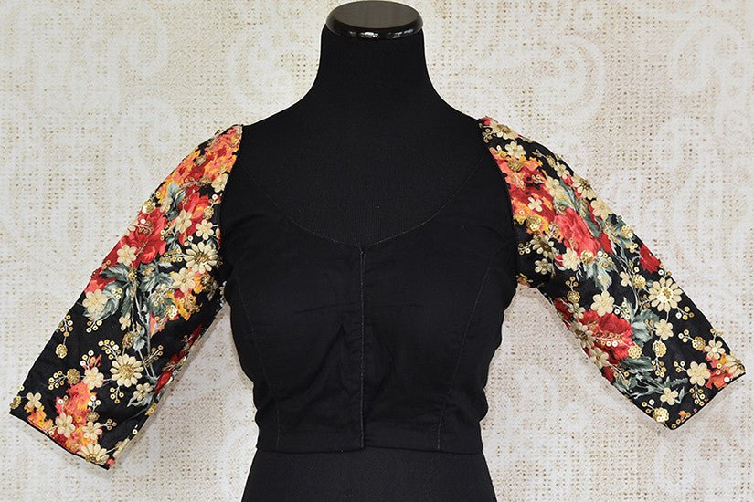Black pre stitched floral print cotton blouse . Perfect to match with linen saree. -Front